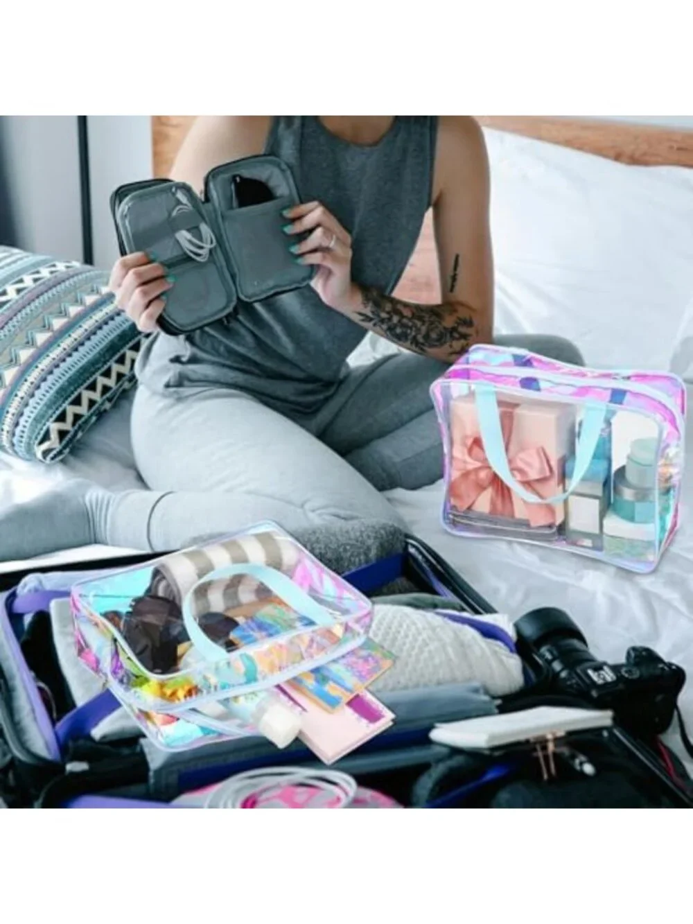 10 Pcs Clear Makeup Bags with Handle - Large Toiletry Organizer, Blue Travel Set